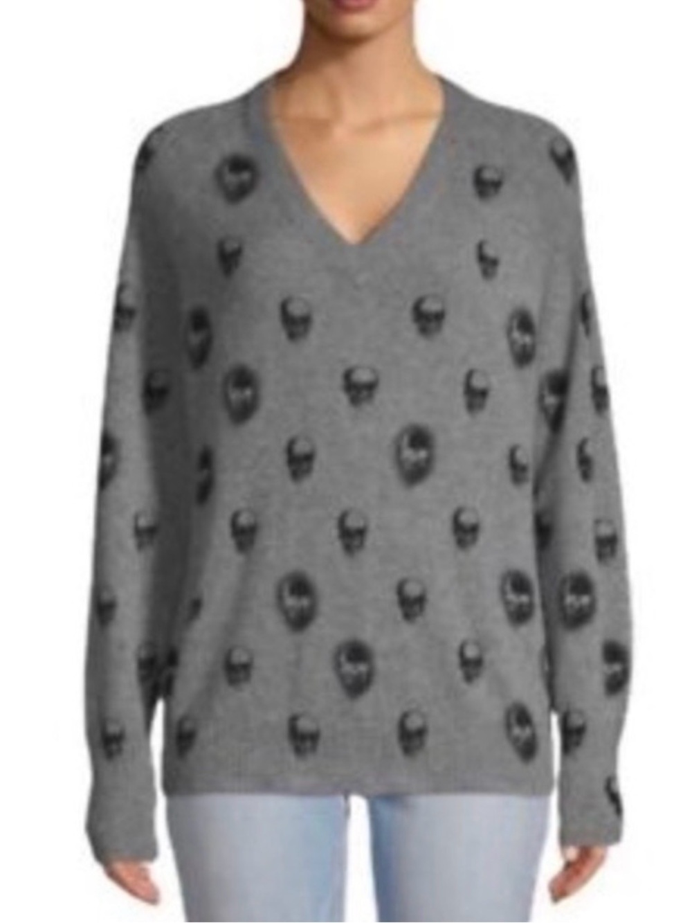 SKULL CASHMERE 100% Cash Quiet Luxury Natural Fibers V Neck Gray Sweater Skull